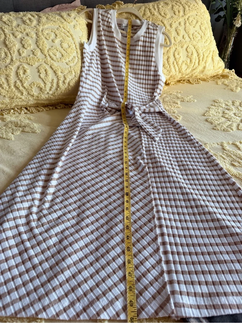 Evereve Brown and White Striped Sleeveless Midi Dress with Waist Tie - Picture 2 of 7